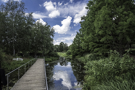 Walkway across the pond under the skies at Chicago Botanical Gardens thumbnail