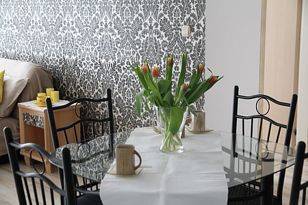 orange tulip flowers centerpiece and 5-piece dining set thumbnail