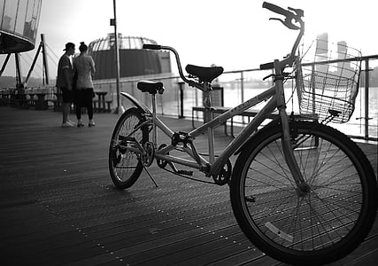 grayscale photography of tandem bike near the body of water thumbnail