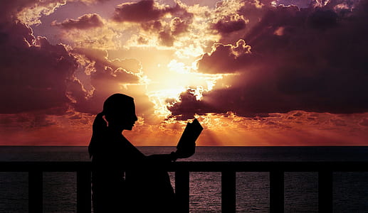 silhouette of woman reading book sitting near brown handrail during golden hour thumbnail