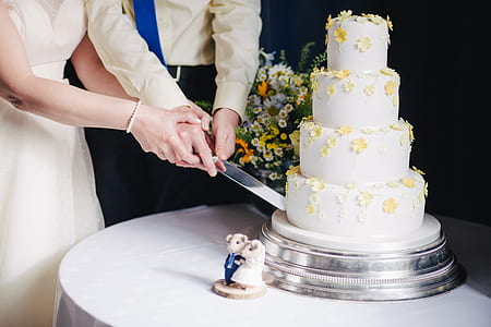 newly wed cutting cake on table thumbnail