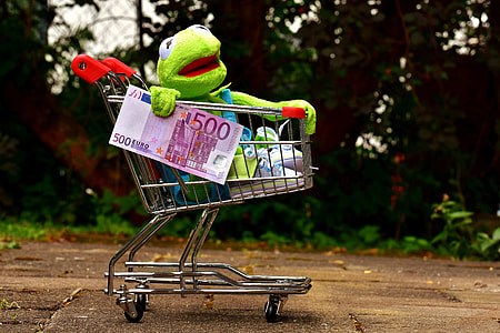 Kermit the frog sitting on silver collapsible shopping cart thumbnail