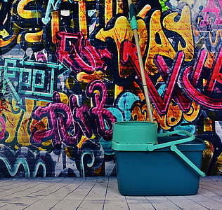 teal and black mop bucket with wringer and mop near wall graffiti thumbnail