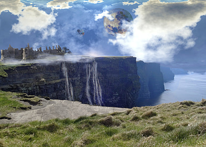 rocky mountain cliff with falls under cloudy sky thumbnail