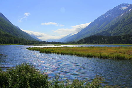 grass field near body of water and valley thumbnail