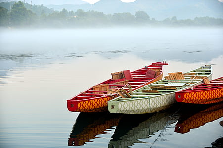 three orange and green boat on body of water thumbnail