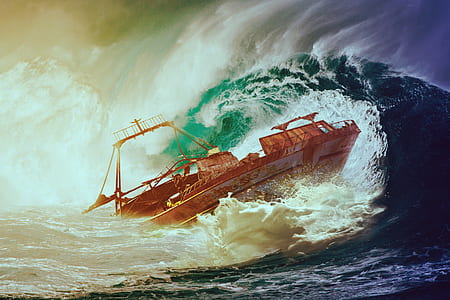 boat sailing on rough ocean waves painting thumbnail