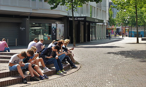 peoples sits on railings near building and tall trees at daytime thumbnail