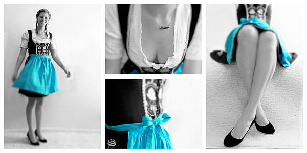 selective colors photography of woman wearing blue apron skirt collage thumbnail