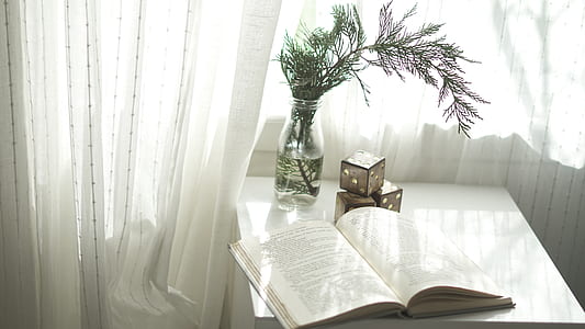 open book on table near centerpiece and cube decors thumbnail