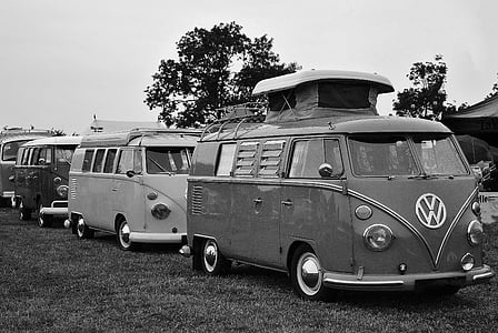 grayscale photography of three Volkswagen Samba parked near green tree thumbnail