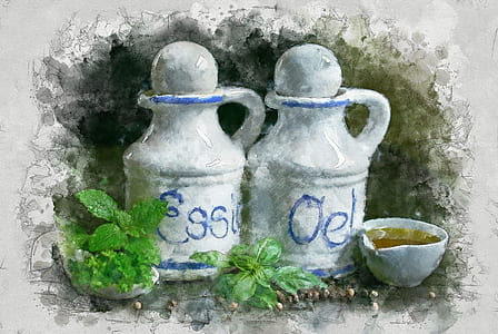 two white ceramic jar and green leaf plants painting thumbnail
