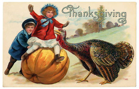 Thanksgiving Postcard with Pumpkin and Turkey with boy on top thumbnail