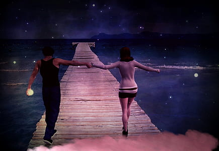 couple standing on seadock painting thumbnail