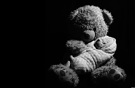 grayscale photography of brown bear plush toy carrying baby plush toy thumbnail