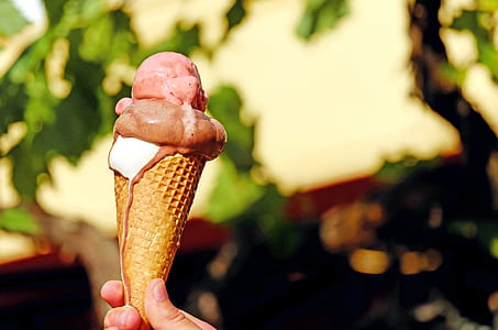 person holding chocolate and strawberry ice cream on cone thumbnail