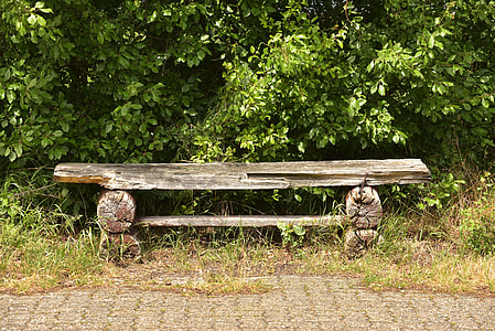 brown wooden bench near green bushes thumbnail