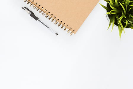 Black Ball-point Pen With Brown Spiral Notebook thumbnail