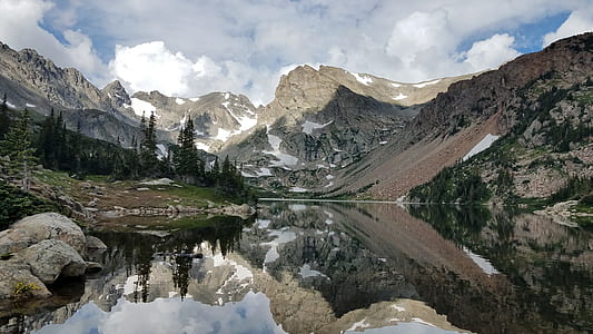 mountain and river under blue and white cloudy sky during daytime thumbnail