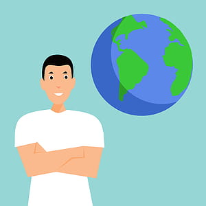 Man standing near illustration of planet Earth. thumbnail