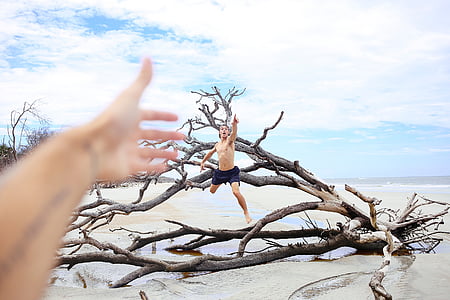 man jumping on driftwood thumbnail