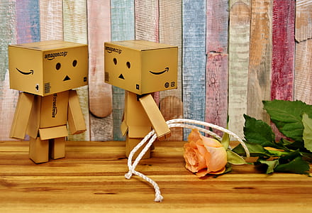 two brown Amazon box robots beside pink rose on brown surface thumbnail