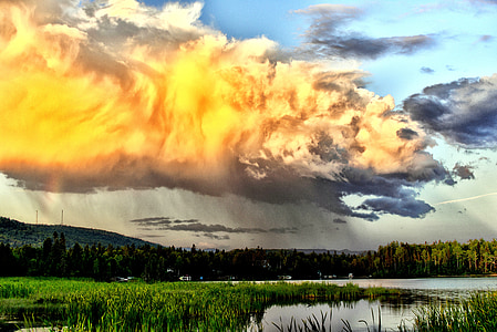 body of water surrounded by green grass under white clouds thumbnail