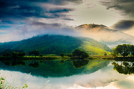 photo of mountains reflecting at body of water thumbnail