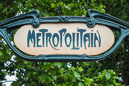 Old iron sign in Paris, France, shows location of Metropolitan subway station. thumbnail