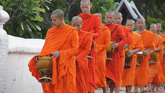 monks walking beside white concrete wall thumbnail