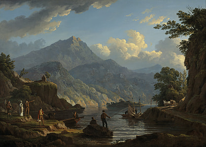mountain near river and crowd of people painting thumbnail