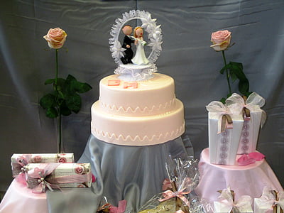 round pink wedding fondant cake on gray tray thumbnail