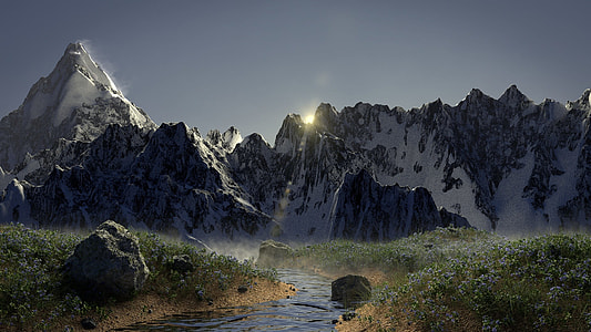 rive between green grass field in distant of mountain thumbnail