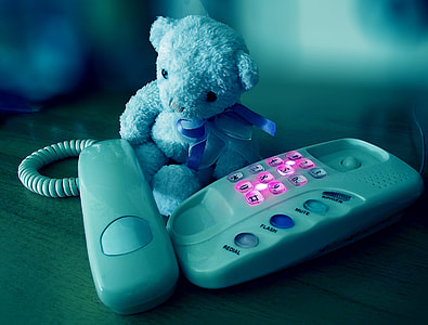 gray teddy bear and white home telephone on brown surface thumbnail