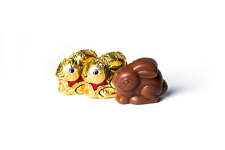 chocolate rabbit and two wrapped chocolate rabbits thumbnail