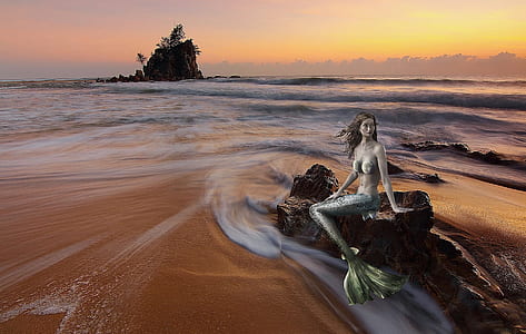mermaid sitting on brown rock illustration thumbnail