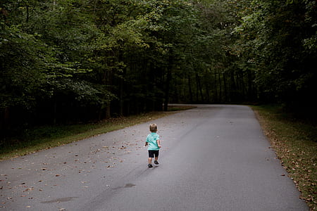 toddler about to run on road between trees thumbnail