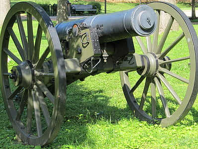 vintage black cannon on green grass field thumbnail