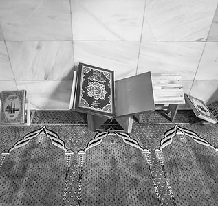 grayscale photo of books on racks thumbnail