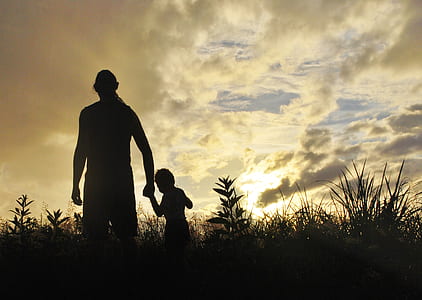 silhouette of man and kid near grasses at sunrise thumbnail