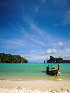 white canoe on seashore across island during daytime thumbnail