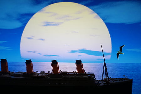 black, white, and orange ship and white moon illustration thumbnail