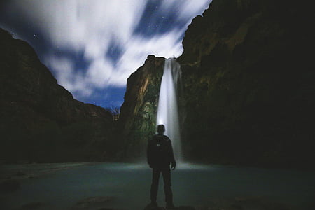 man standing in front of waterfalls thumbnail
