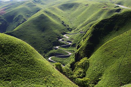 aerial photography of green forest mountain with gray road in the middle at daytime thumbnail