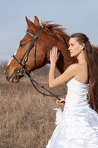 woman in tube dress holding brown horse thumbnail