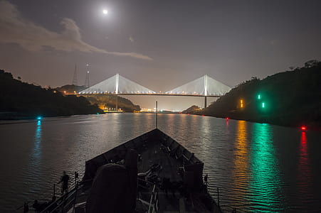 view of suspension bridge from boat thumbnail