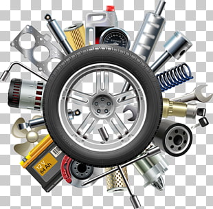 Car Jeep Tire Motor Vehicle Service, car parts, vehicle tire surrounded by vehicle parts and tools artwork PNG clipart