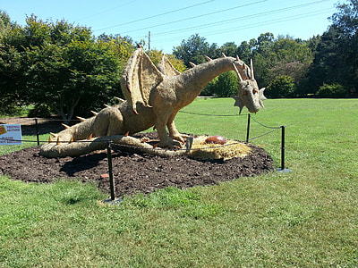 brown dragon statue looking at egg on green sod lawn at daytime thumbnail