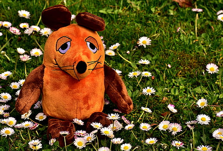 brown and orange animal plush toy sitting on daisy flowersr thumbnail