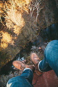 person wearing pair of brown leather work boots and blue denim bottoms thumbnail